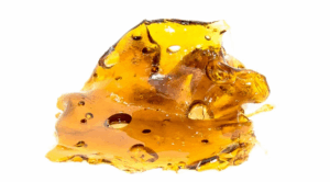Amber-colored cannabis shatter concentrate with a glass-like texture, displayed on a white background, available at Fresh Green Dispensaries.